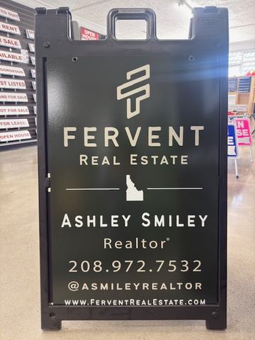 Fervent Real Estate agent panel in a black A frame